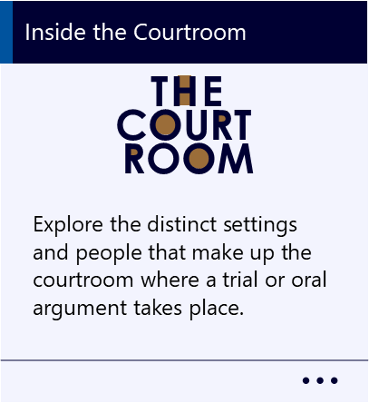 Explore the distinct settings and people that make up the courtroom where a trial or oral argument takes place. New window to Inside the Courtroom PDF.