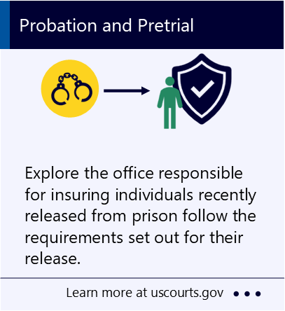 Explore the office responsible for insuring individuals recently released from prison follow the requirements set out for their release. New window to the United States Courts webpage about probation and pretrial services.