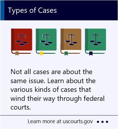 Not all cases are about the same issue. Learn about the various kinds of cases that wind their way through federal courts. New window to the United States Courts webpage about types of federal cases.