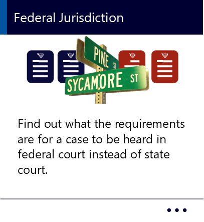 Find out what the requirements are for a case to be heard in federal court instead of state court. New window to Federal Jurisdicton PDF.